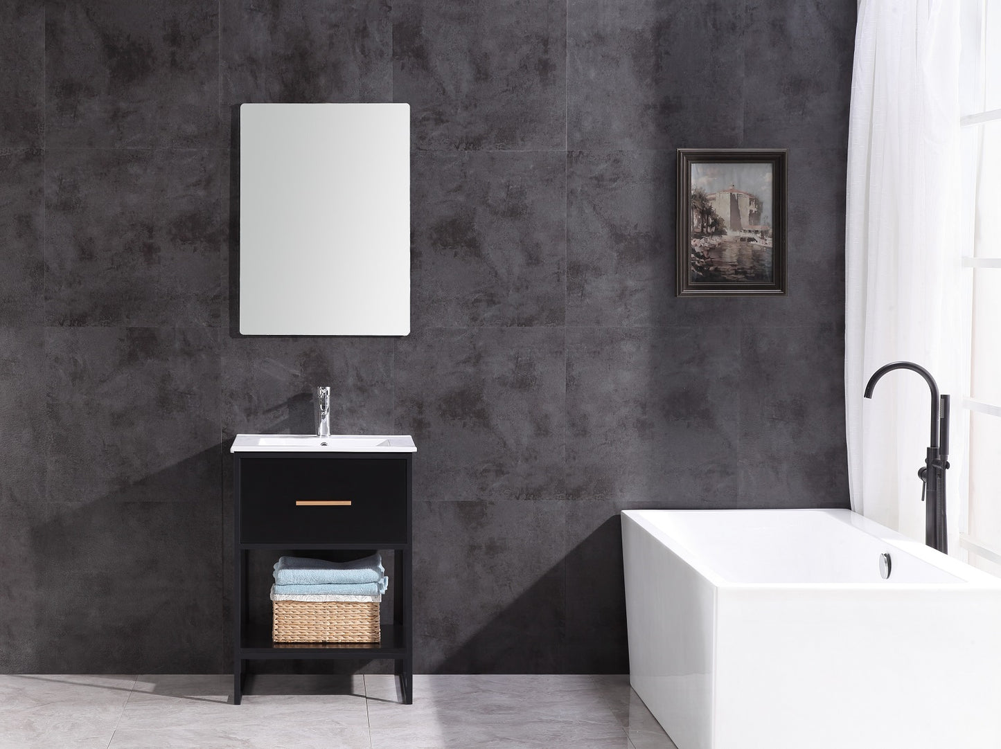 24" Black Finish Sink Vanity With Black Metal Frame-Pvc