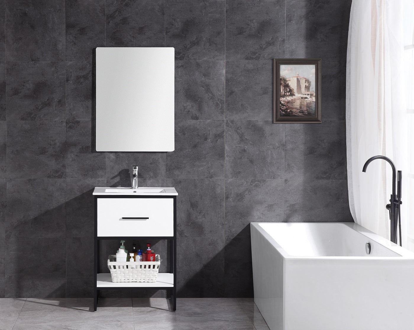 24" White Finish Sink Vanity With Black Metal Frame-Pvc