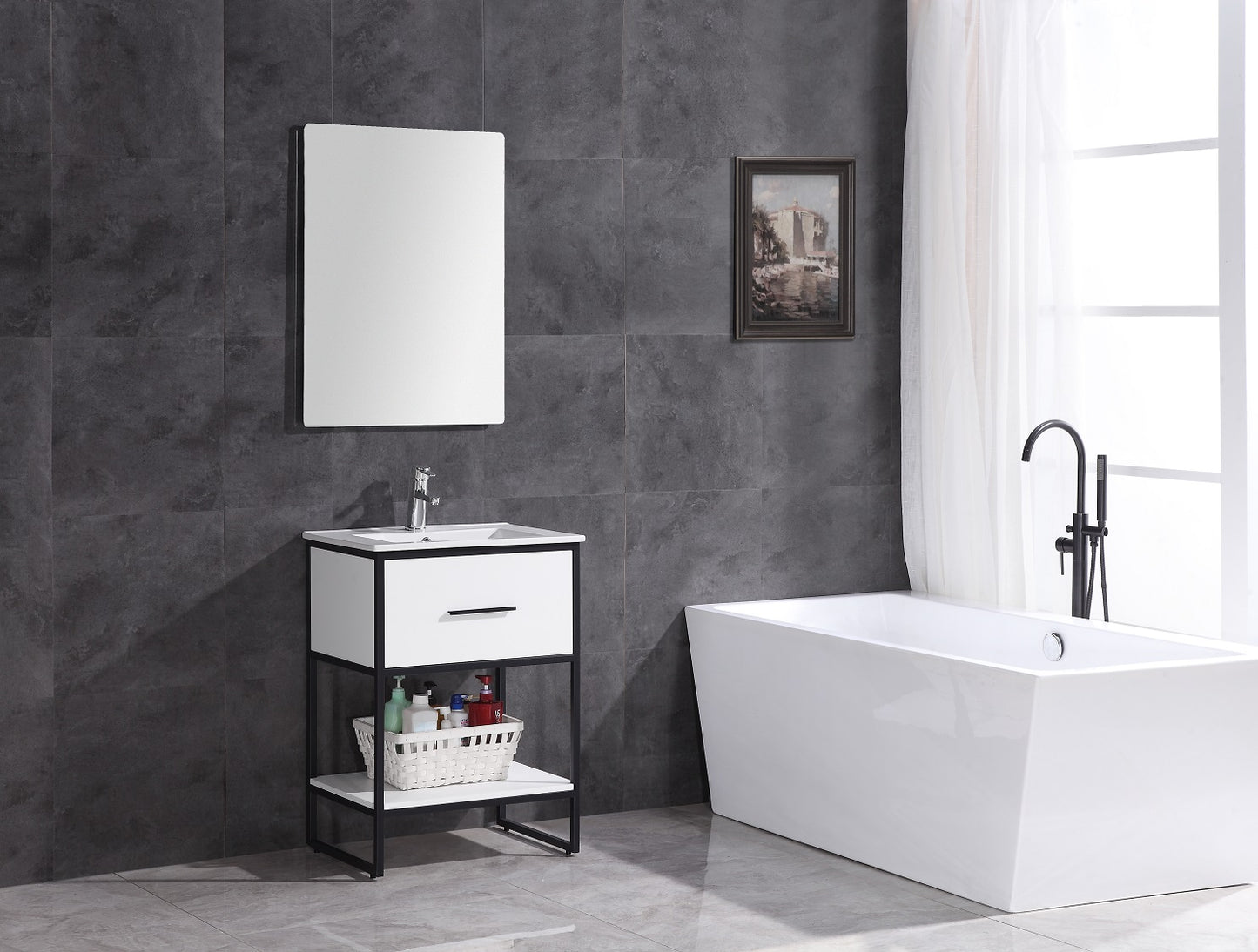 24" White Finish Sink Vanity With Black Metal Frame-Pvc