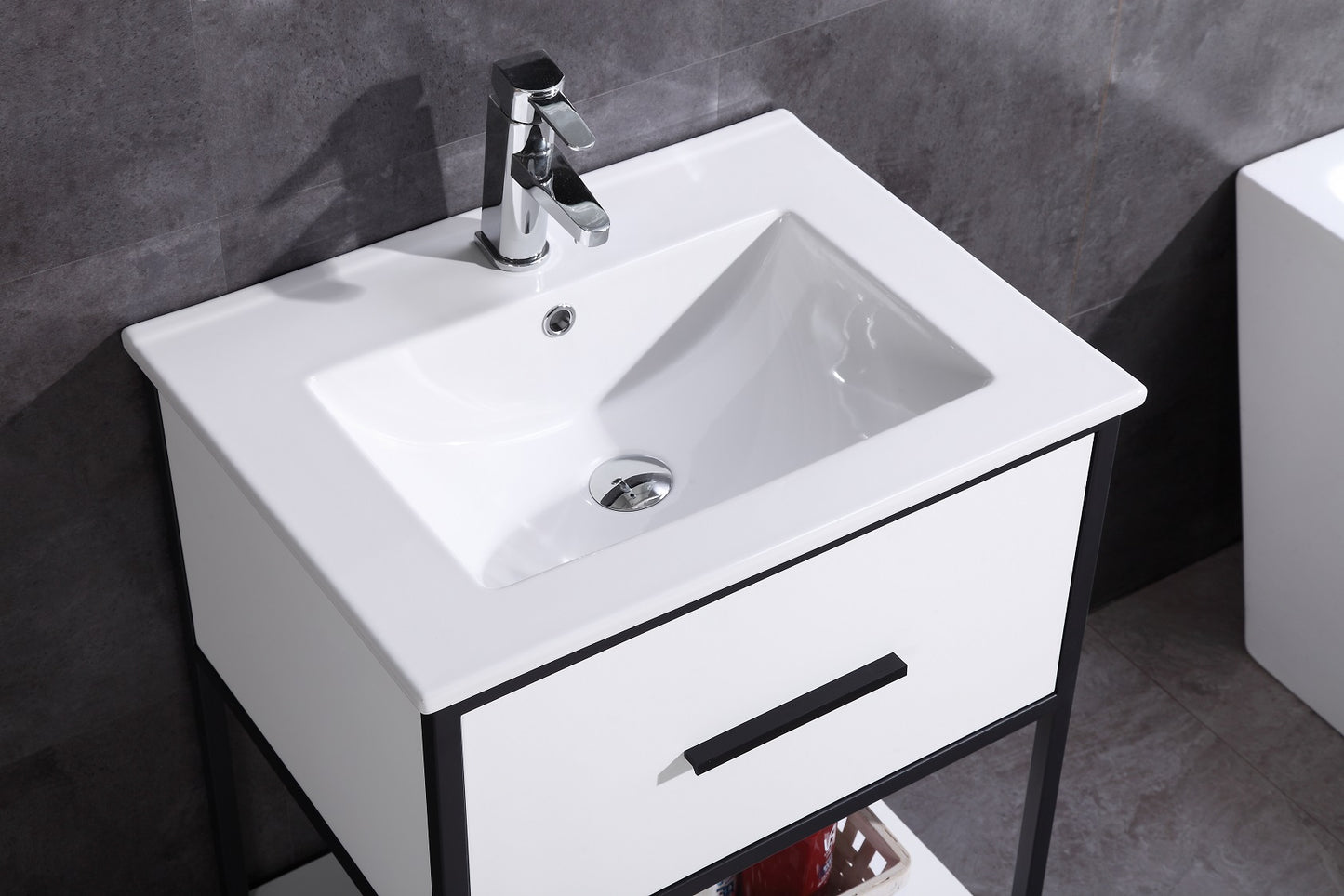 24" White Finish Sink Vanity With Black Metal Frame-Pvc