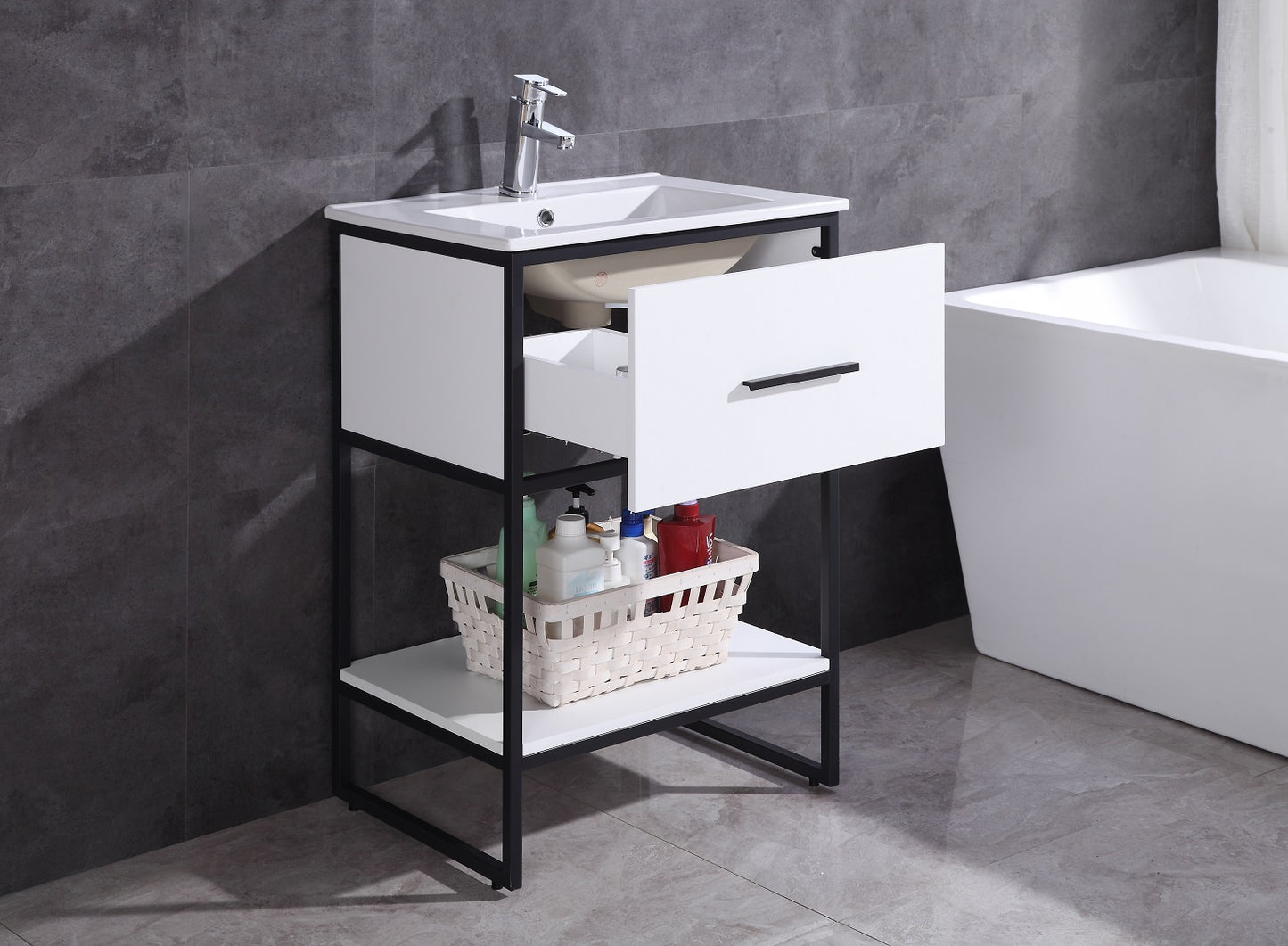 24" White Finish Sink Vanity With Black Metal Frame-Pvc