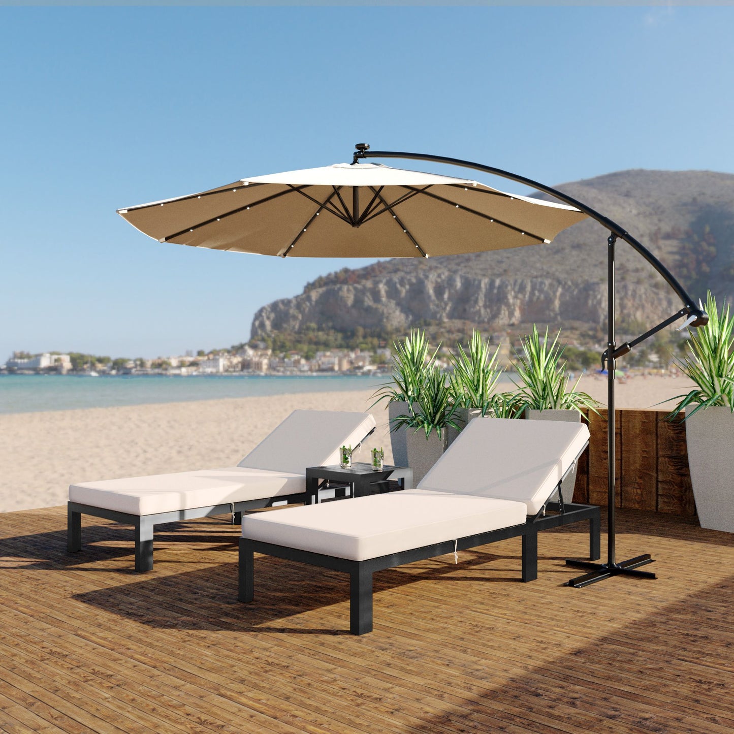 LeisureMod Willry 10 Ft Cantilever Patio Umbrella With Solar Powered LED - Beige