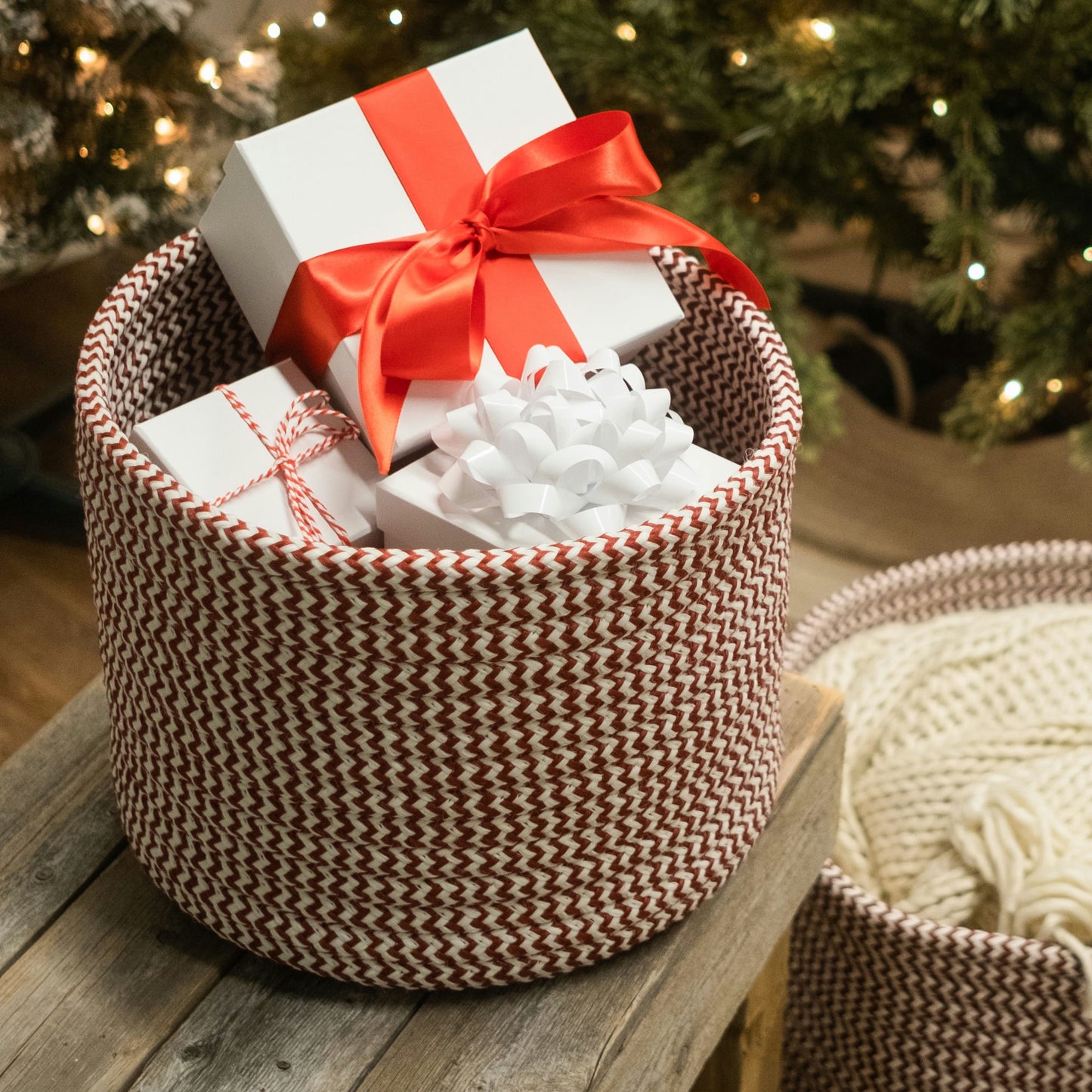 Vixen Zig-Zag Woven Holiday Basket - Candycane Red 16"x16"x14"