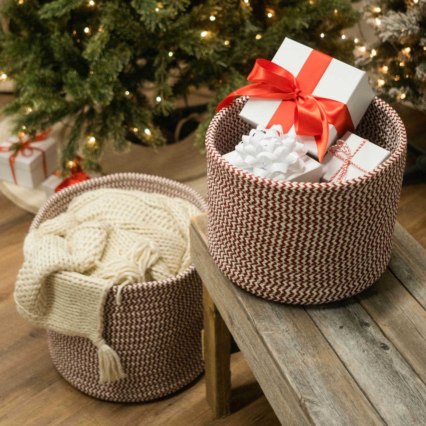 Vixen Zig-Zag Woven Holiday Basket - Candycane Red 12"x12"x10"