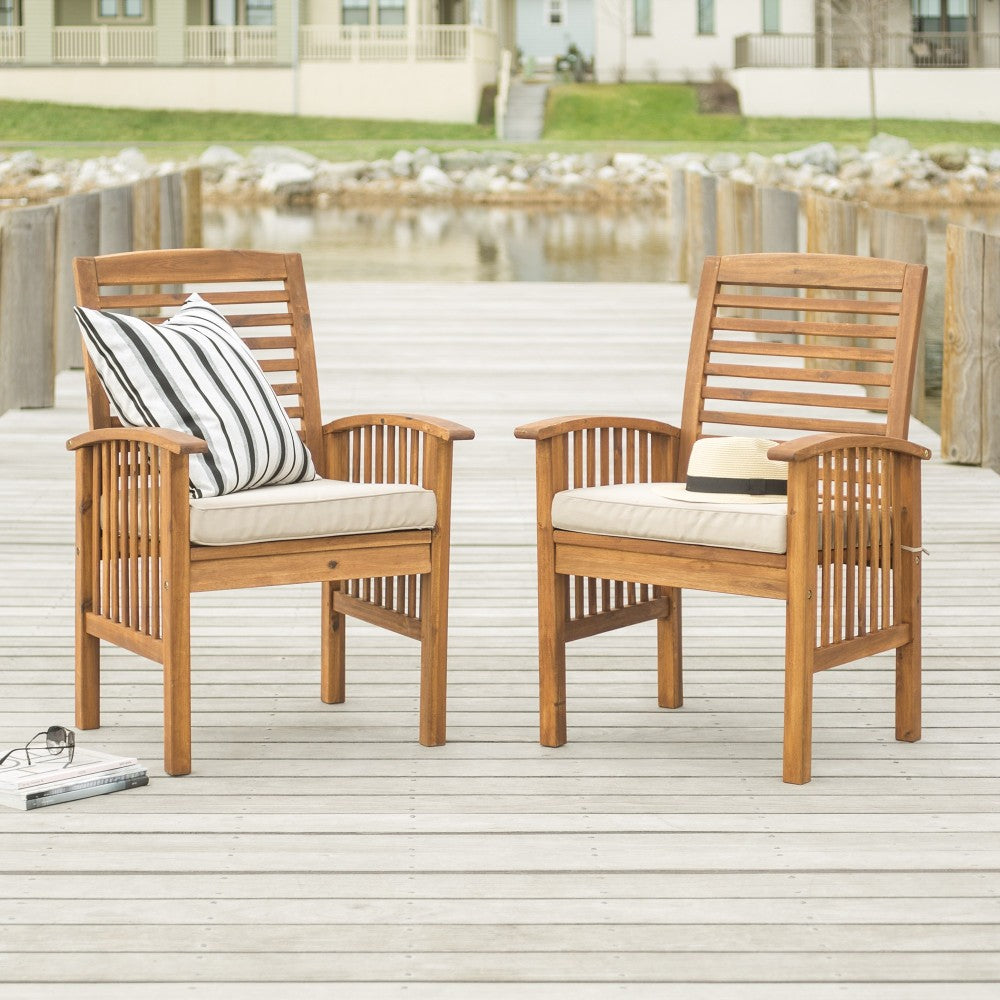 Acacia Wood Outdoor Patio Chairs with Cushions, Set of 2 - Brown