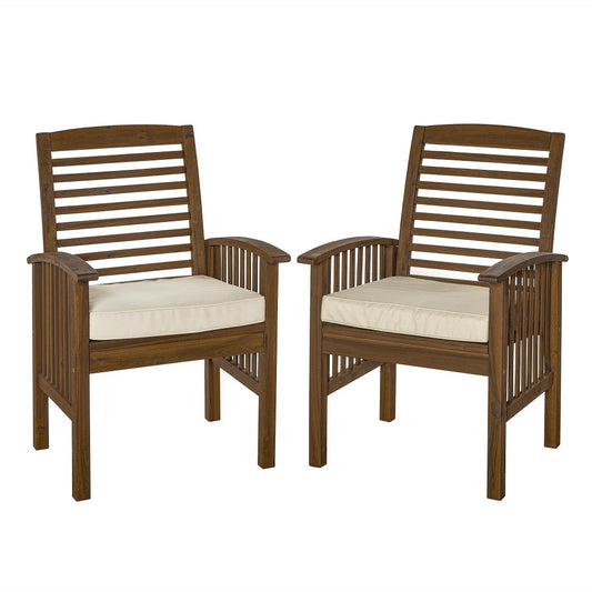 Acacia Wood Outdoor Patio Chairs with Cushions, Set of 2 - Dark Brown