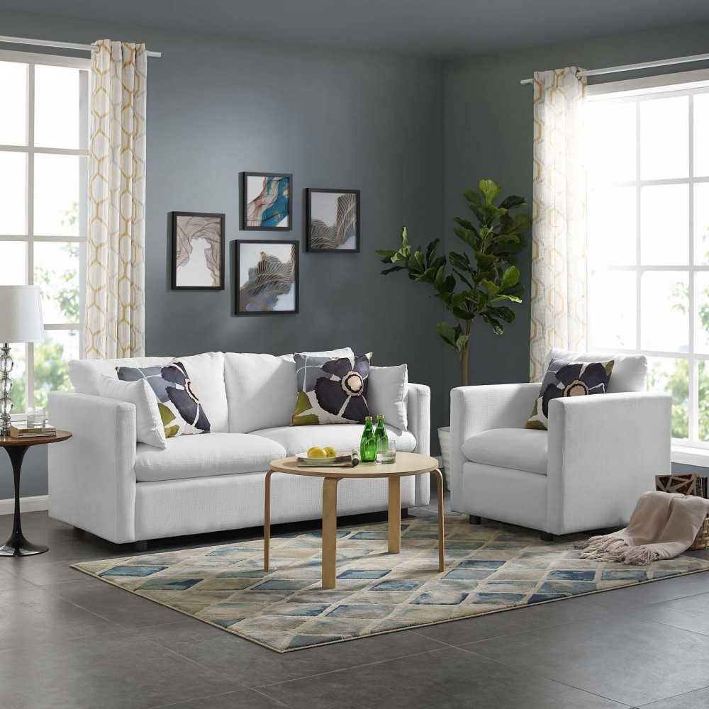 Activate Upholstered Fabric Sofa and Armchair Set, White