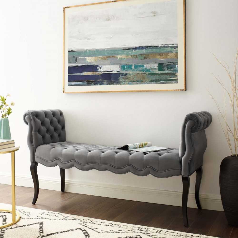 Adelia Chesterfield Style Button Tufted Performance Velvet Bench, Gray
