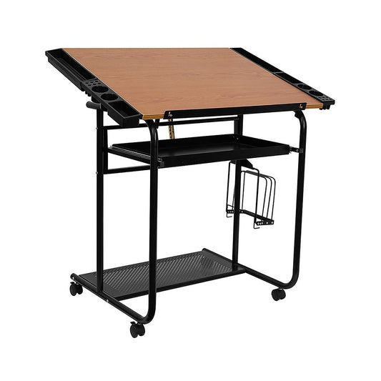 Adjustable Drawing and Drafting Table with Black Frame and Dual Wheel Casters