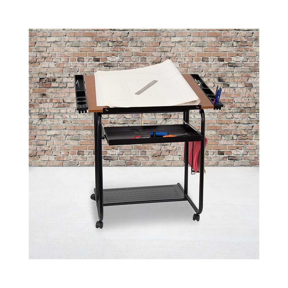 Adjustable Drawing and Drafting Table with Black Frame and Dual Wheel Casters