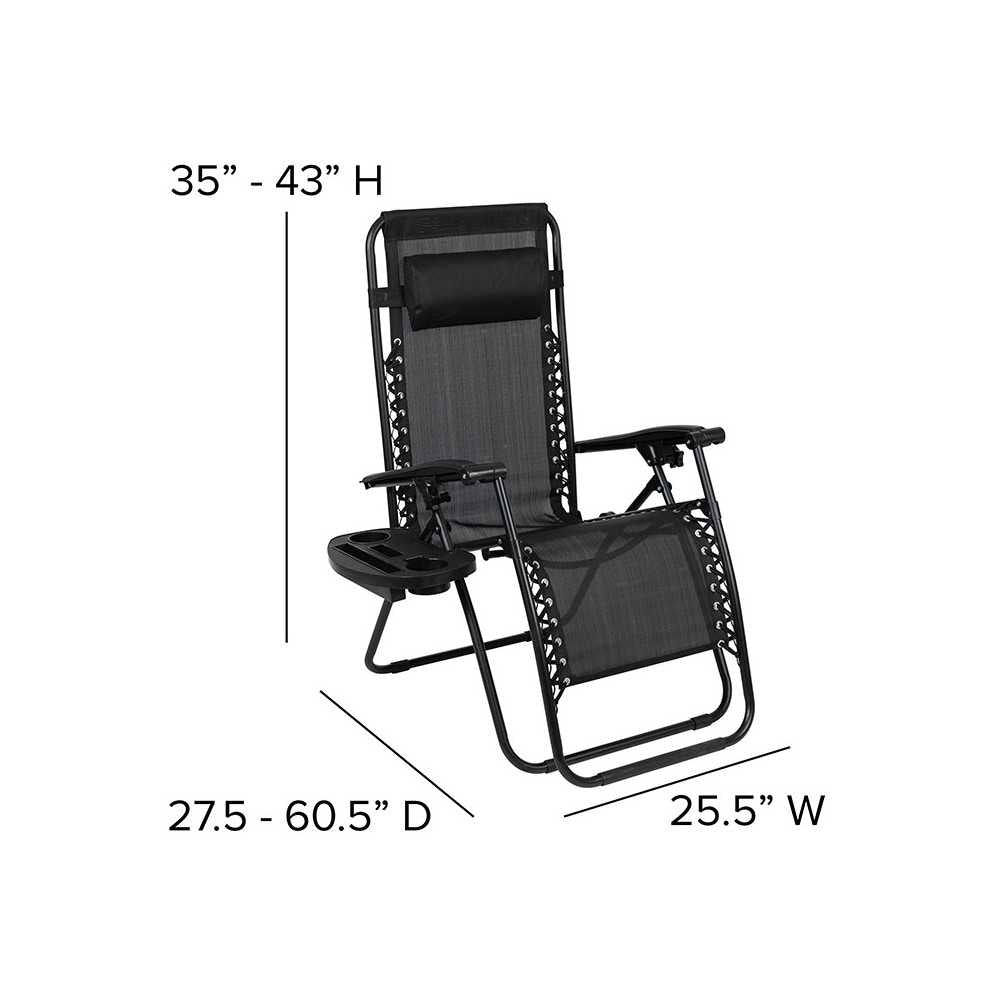 Adjustable Folding Mesh Zero Gravity Reclining Lounge Chair with Pillow and Cup Holder Tray in Black, Set of 2