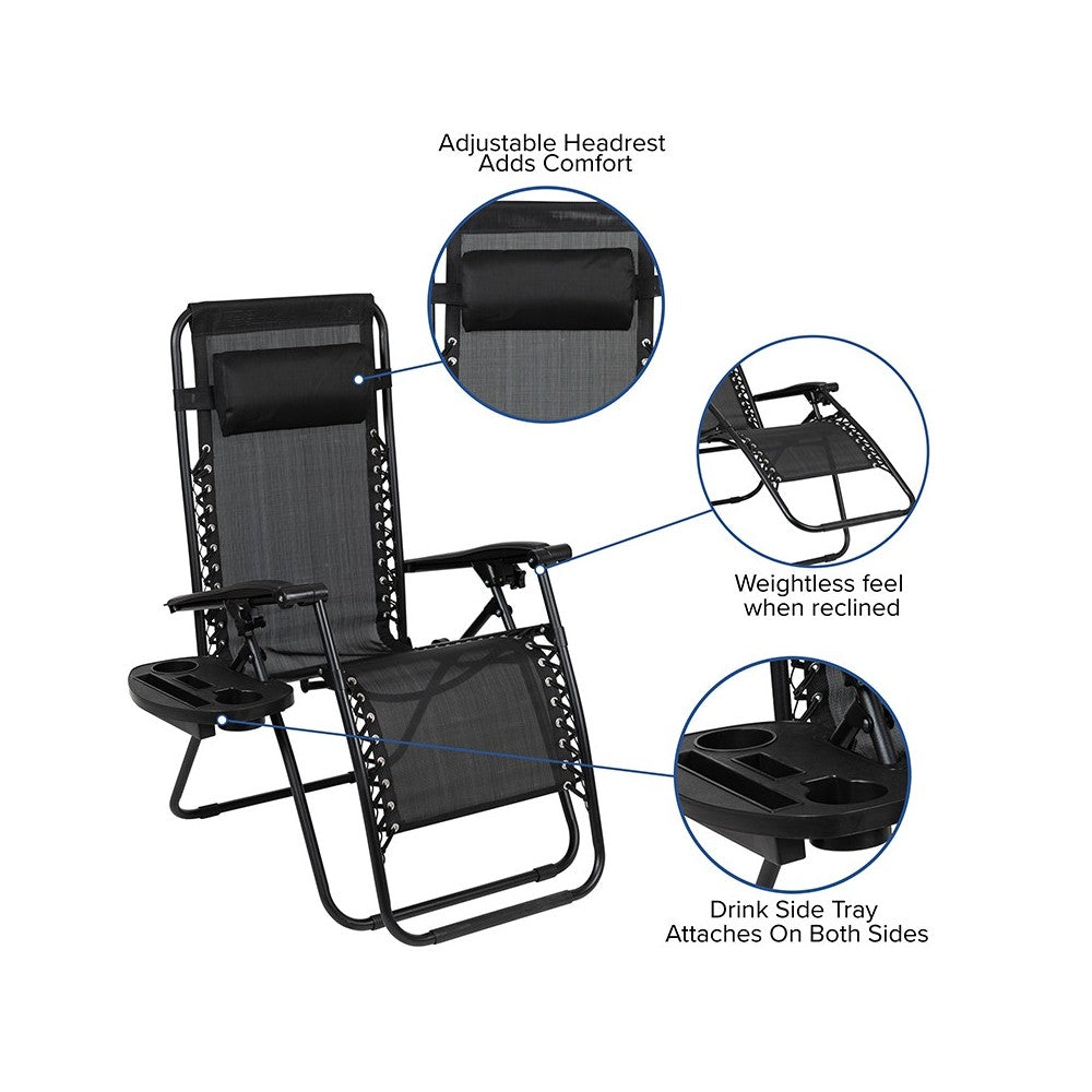 Adjustable Folding Mesh Zero Gravity Reclining Lounge Chair with Pillow and Cup Holder Tray in Black, Set of 2