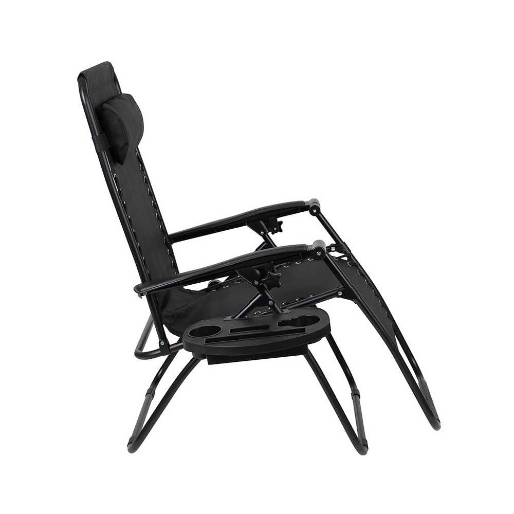 Adjustable Folding Mesh Zero Gravity Reclining Lounge Chair with Pillow and Cup Holder Tray in Black, Set of 2