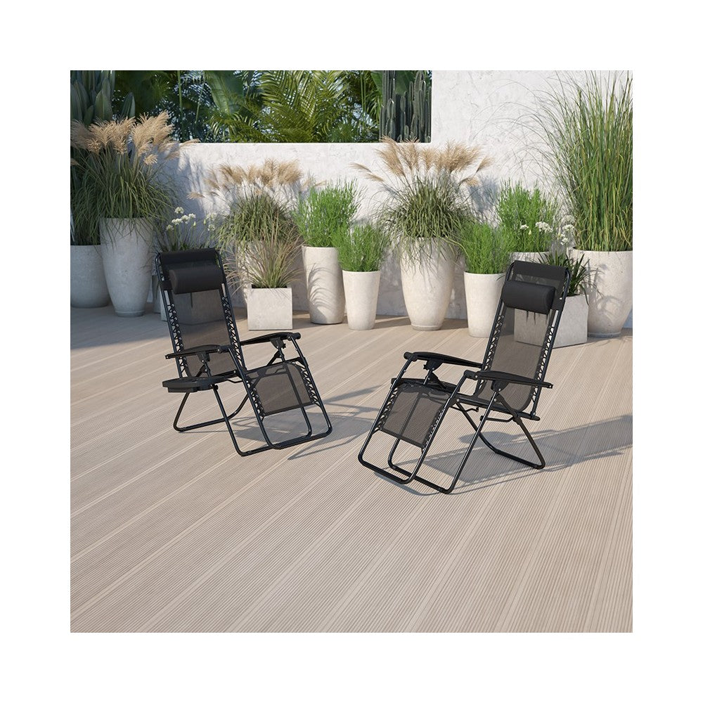 Adjustable Folding Mesh Zero Gravity Reclining Lounge Chair with Pillow and Cup Holder Tray in Black, Set of 2