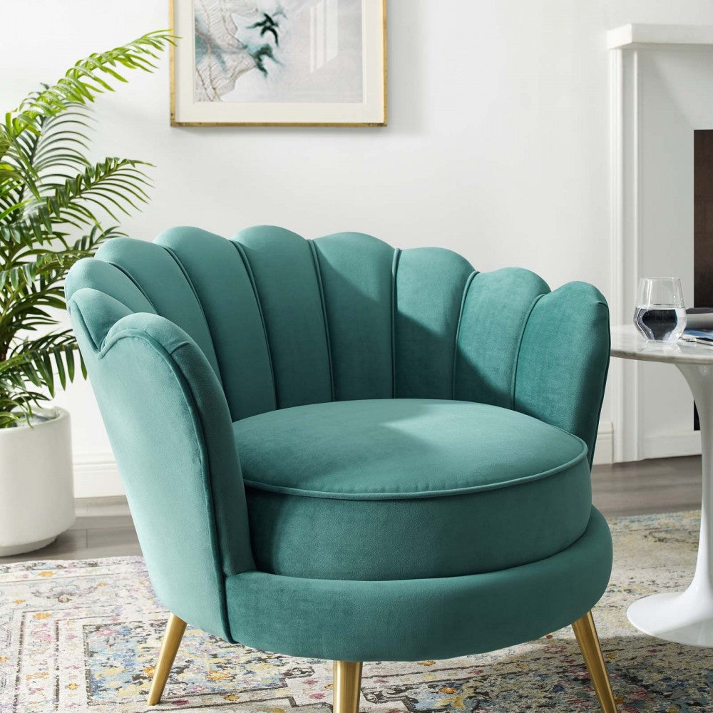 Admire Scalloped Edge Performance Velvet Accent Armchair, Teal