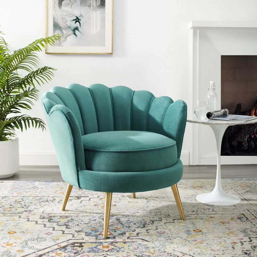 Admire Scalloped Edge Performance Velvet Accent Armchair, Teal
