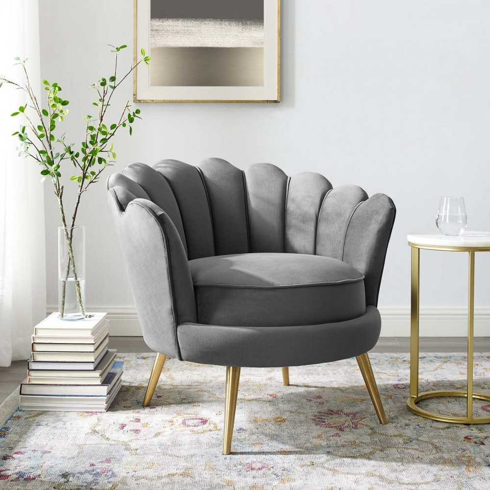 Admire Scalloped Edge Performance Velvet Accent Armchair, Gray