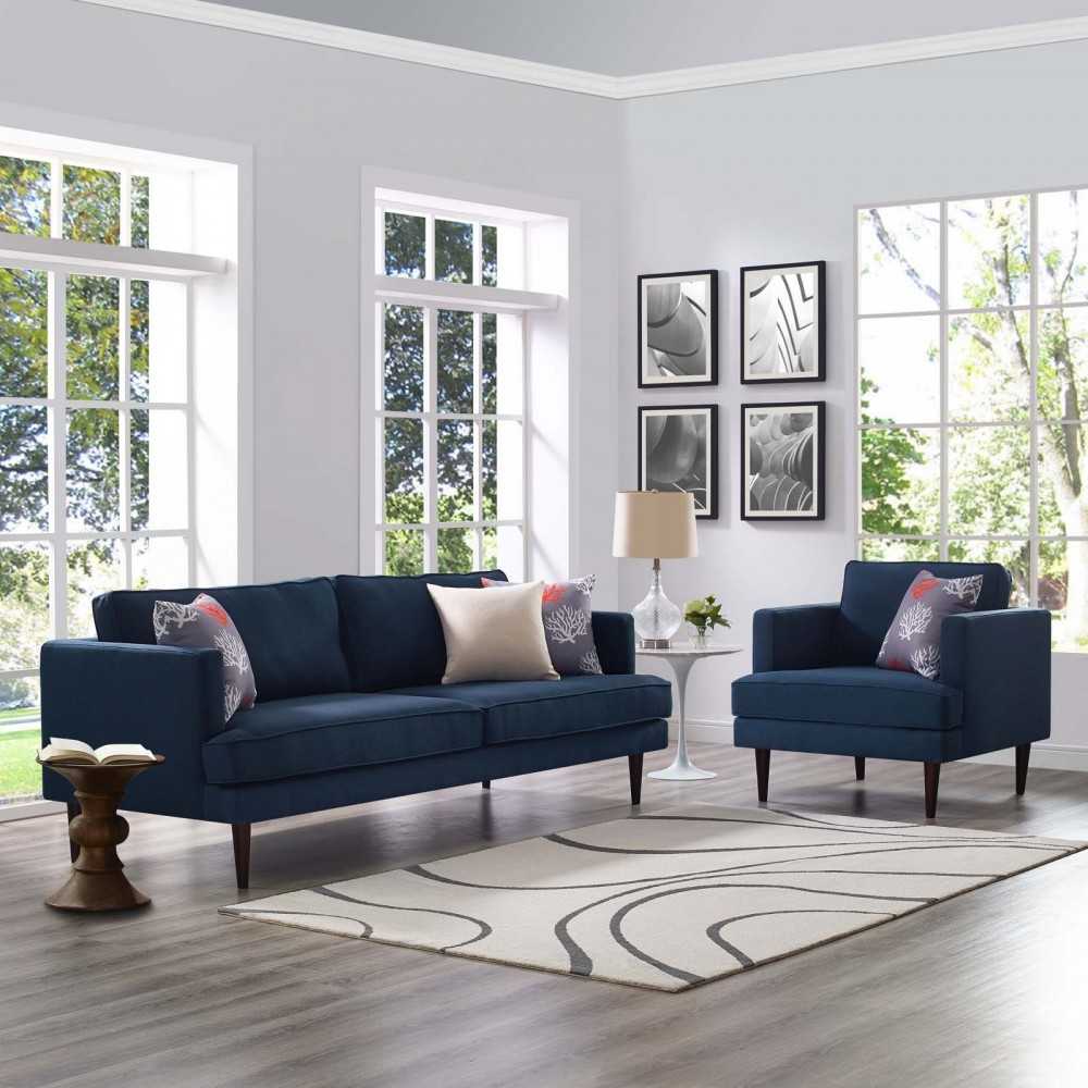 Agile Upholstered Fabric Sofa and Armchair Set, Blue