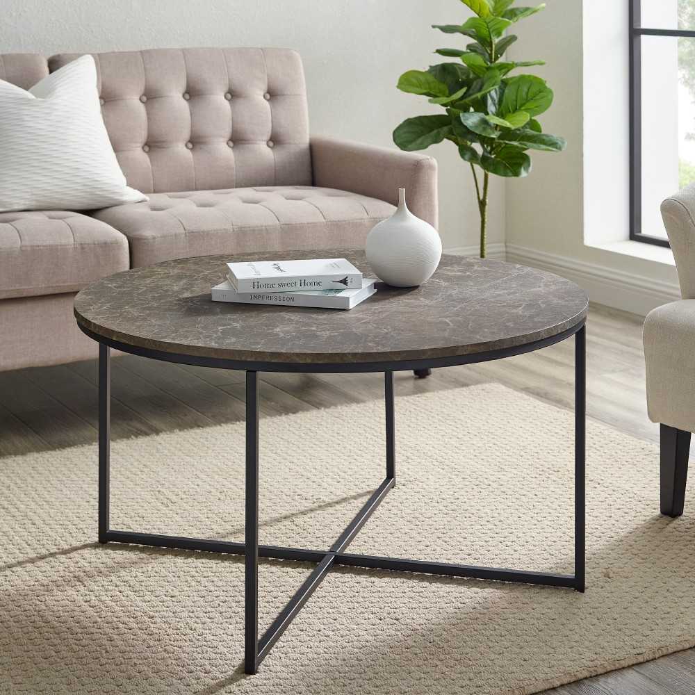 Alissa 36" Coffee Table with X Base - Brown Faux Marble/Black