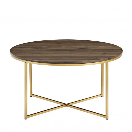 Alissa Mid Century Modern Round Coffee Table - Dark Walnut/Gold