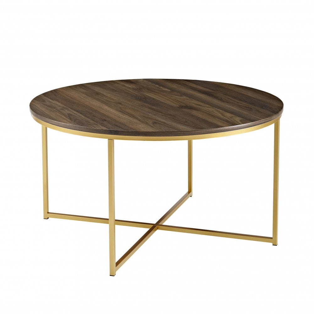 Alissa Mid Century Modern Round Coffee Table - Dark Walnut/Gold