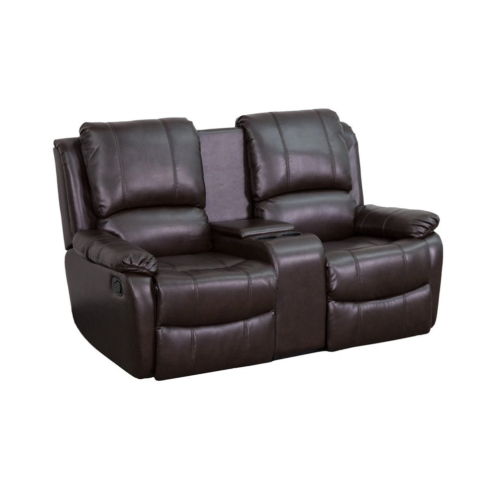 Allure Series 2-Seat Reclining Pillow Back Brown LeatherSoft Theater Seating Unit with Cup Holders