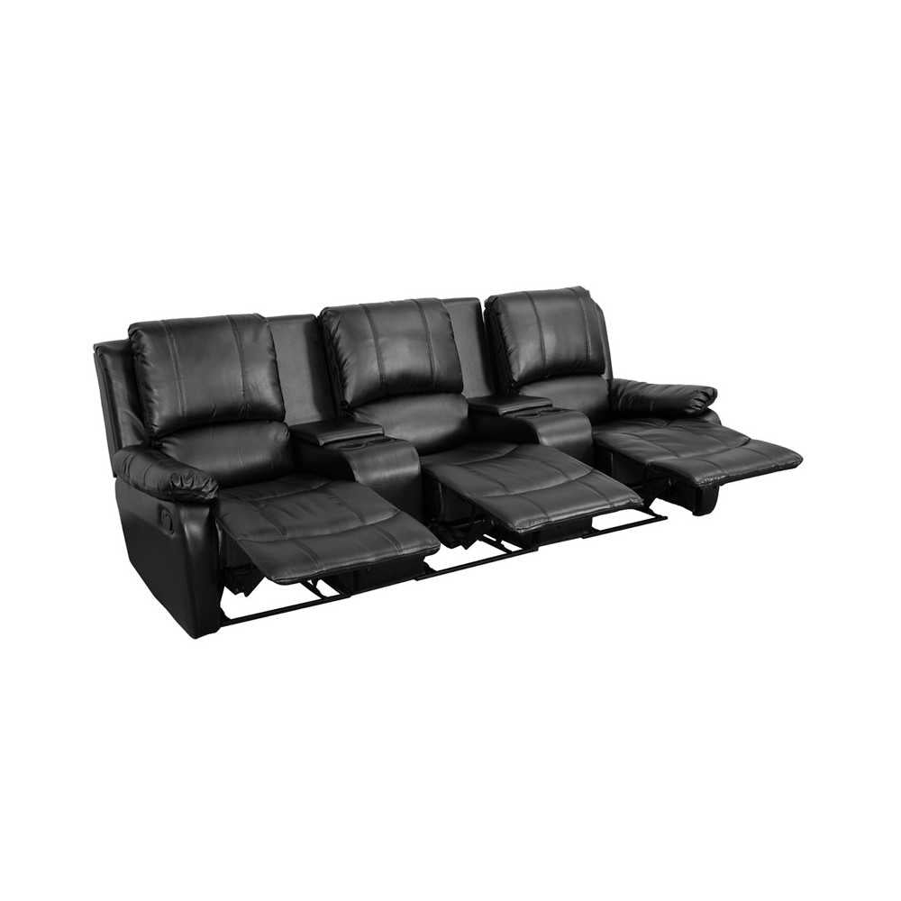Allure Series 3-Seat Reclining Pillow Back Black LeatherSoft Theater Seating Unit with Cup Holders