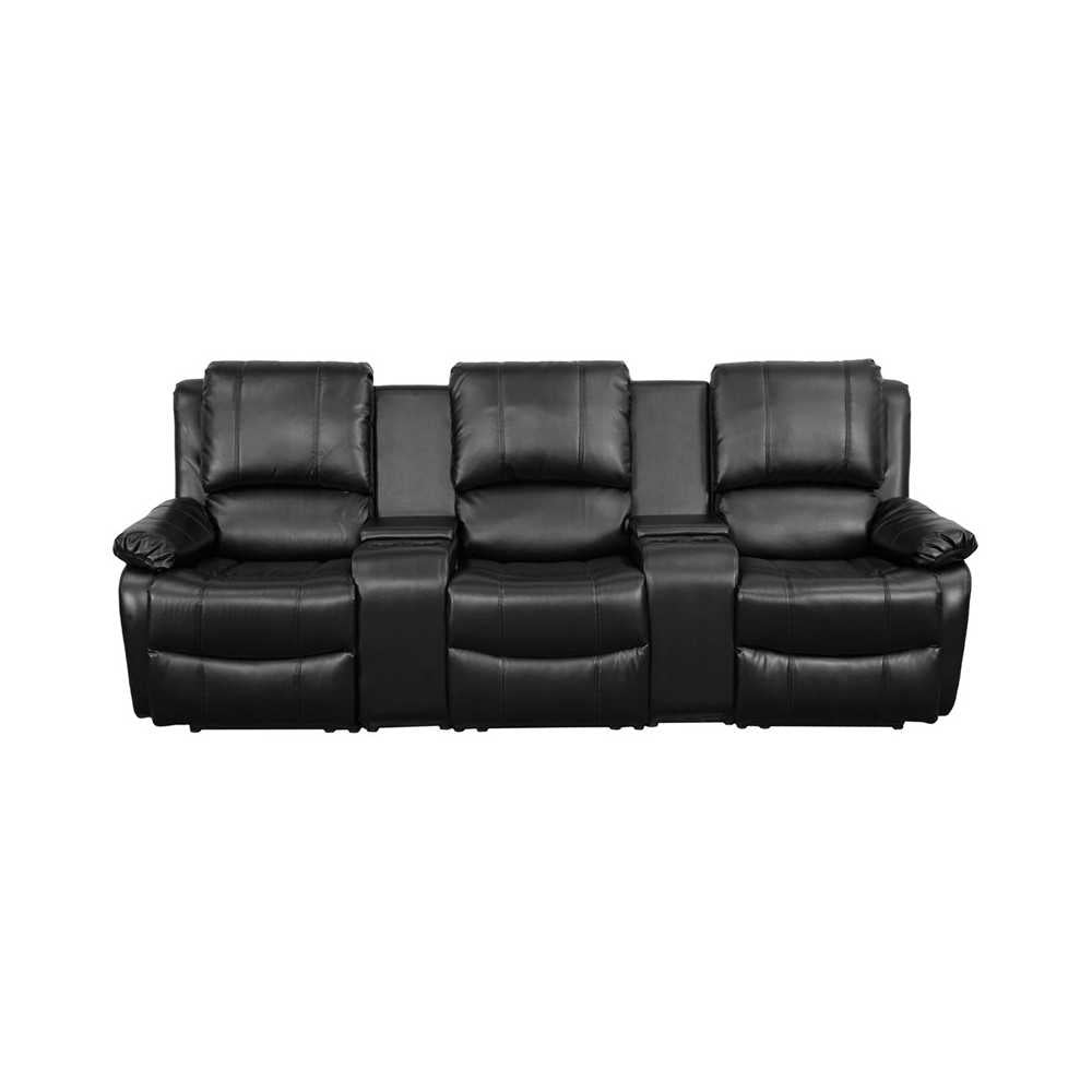 Allure Series 3-Seat Reclining Pillow Back Black LeatherSoft Theater Seating Unit with Cup Holders