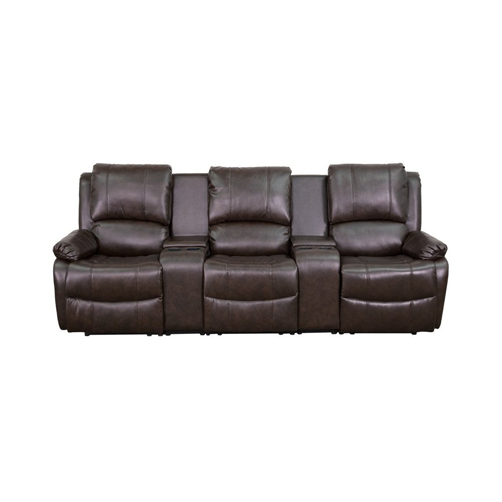 Allure Series 3-Seat Reclining Pillow Back Brown LeatherSoft Theater Seating Unit with Cup Holders
