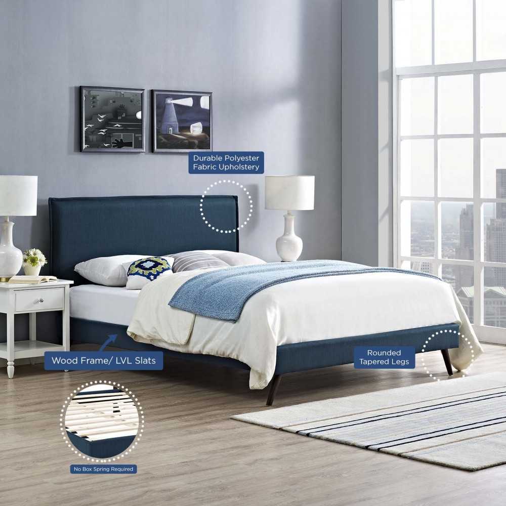 Amaris Queen Fabric Platform Bed with Round Splayed Legs, Azure