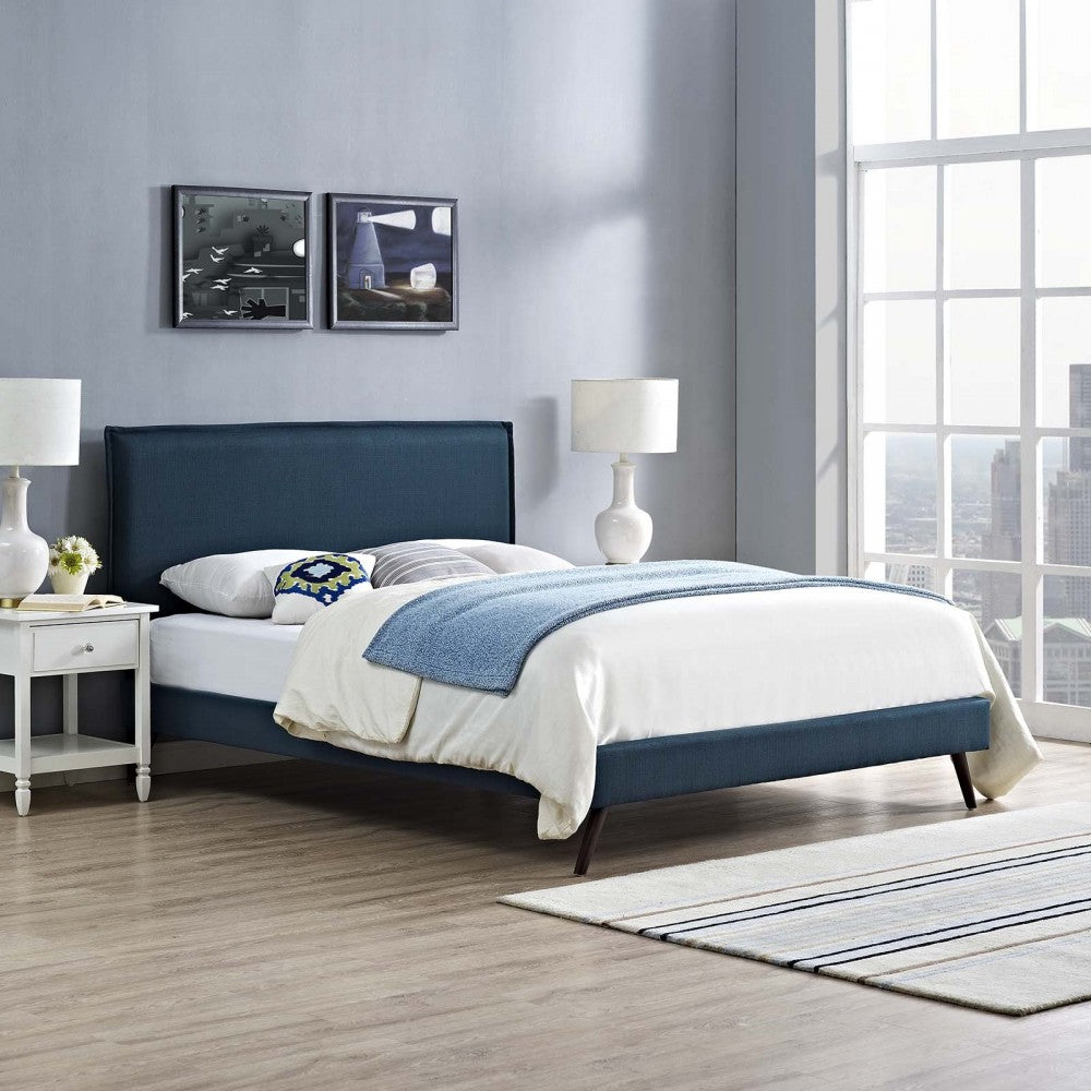 Amaris Queen Fabric Platform Bed with Round Splayed Legs, Azure