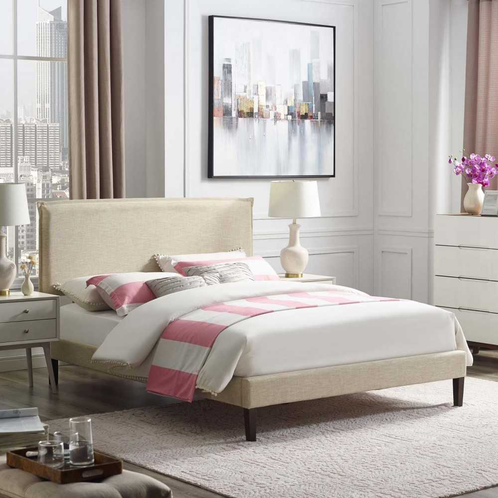 Amaris Queen Fabric Platform Bed with Squared Tapered Legs, Beige