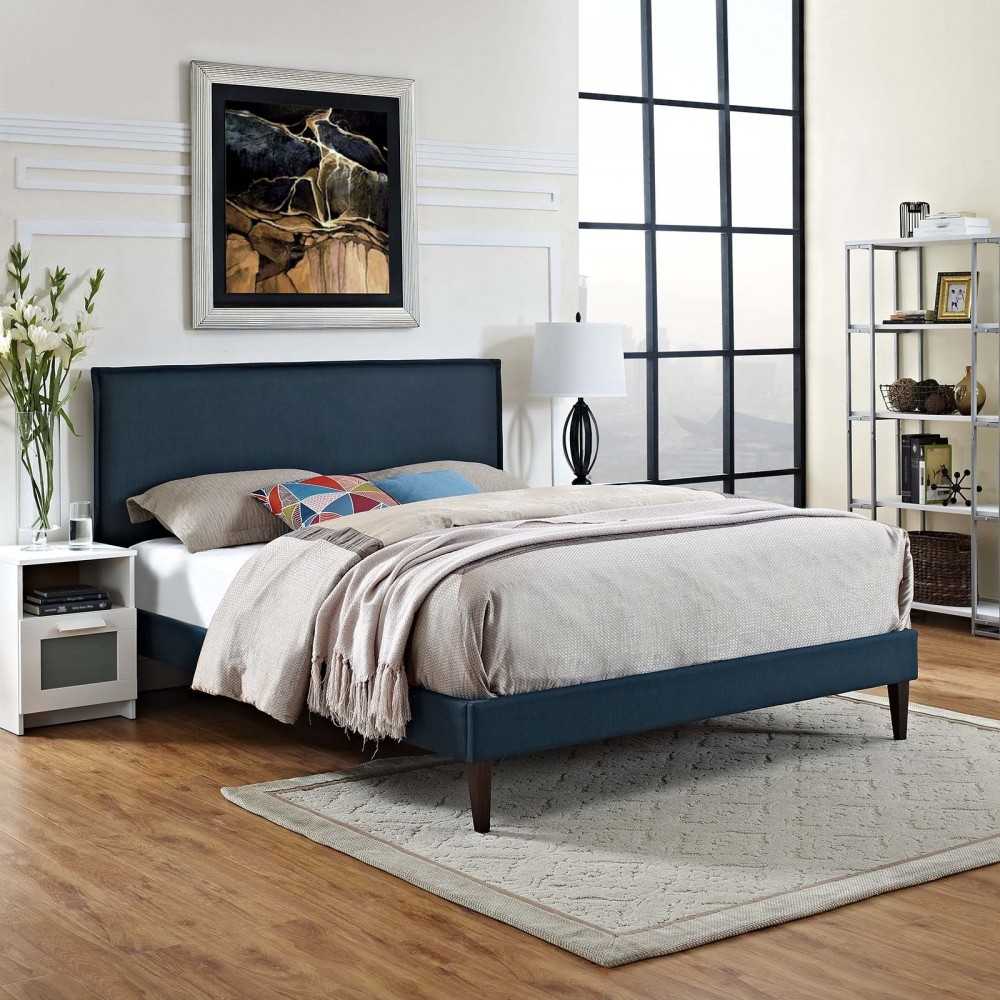 Amaris Queen Fabric Platform Bed with Squared Tapered Legs, Azure