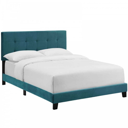 Amira Full Performance Velvet Bed, Sea Blue