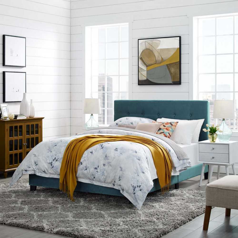 Amira Full Performance Velvet Bed, Sea Blue