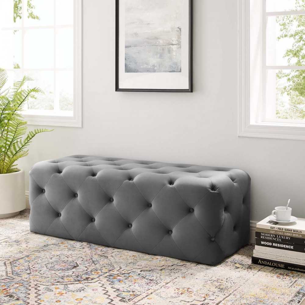 Amour 48" Tufted Button Entryway Performance Velvet Bench, Gray
