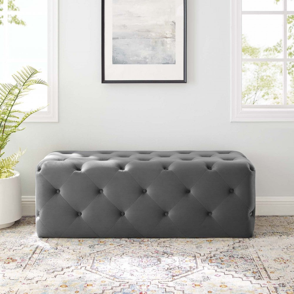 Amour 48" Tufted Button Entryway Performance Velvet Bench, Gray