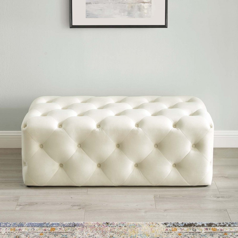 Amour 48" Tufted Button Entryway Performance Velvet Bench, Ivory