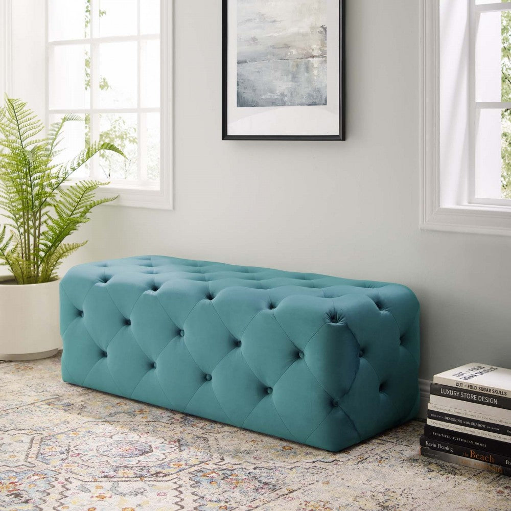 Amour 48" Tufted Button Entryway Performance Velvet Bench, Sea Blue