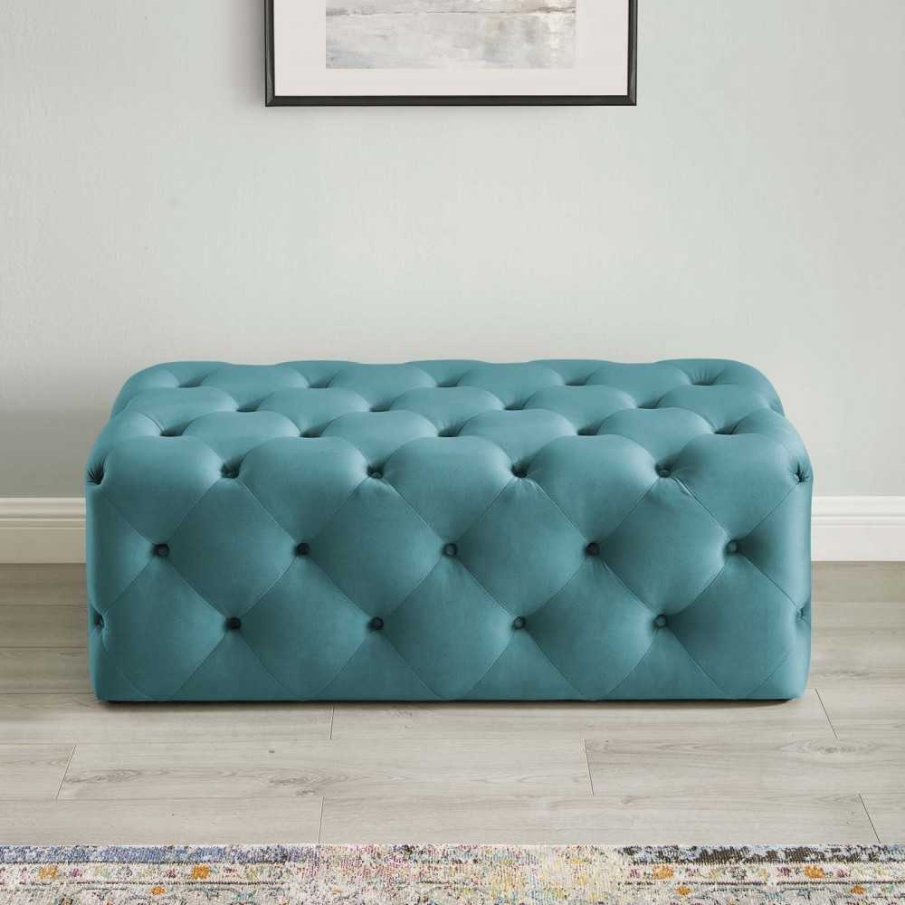 Amour 48" Tufted Button Entryway Performance Velvet Bench, Sea Blue