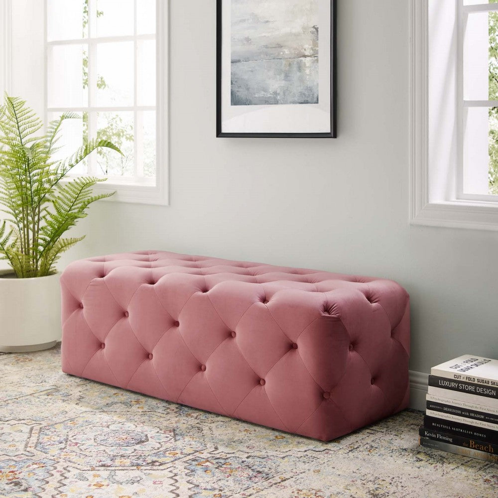 Amour 48" Tufted Button Entryway Performance Velvet Bench, Dusty Rose