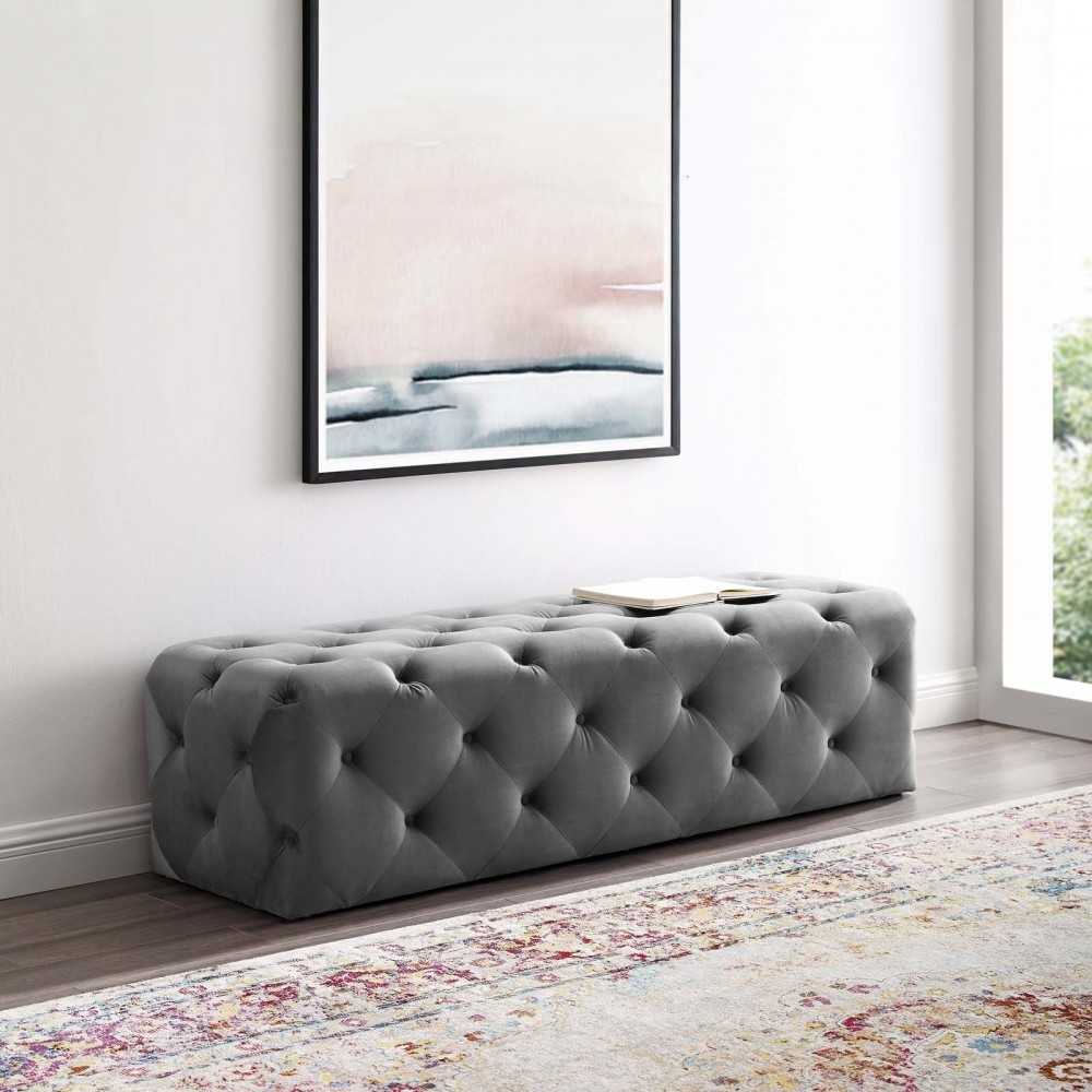 Amour 60" Tufted Button Entryway Performance Velvet Bench, Gray
