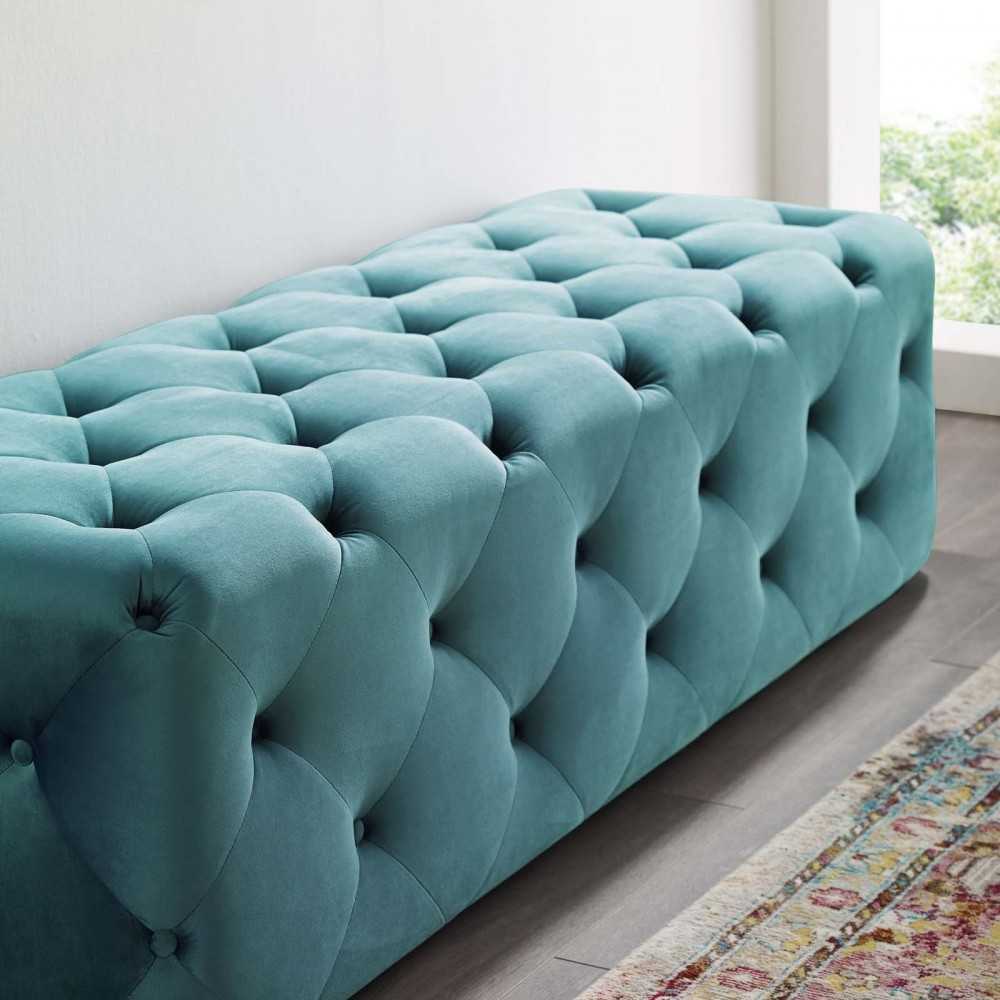 Amour 60" Tufted Button Entryway Performance Velvet Bench, Sea Blue