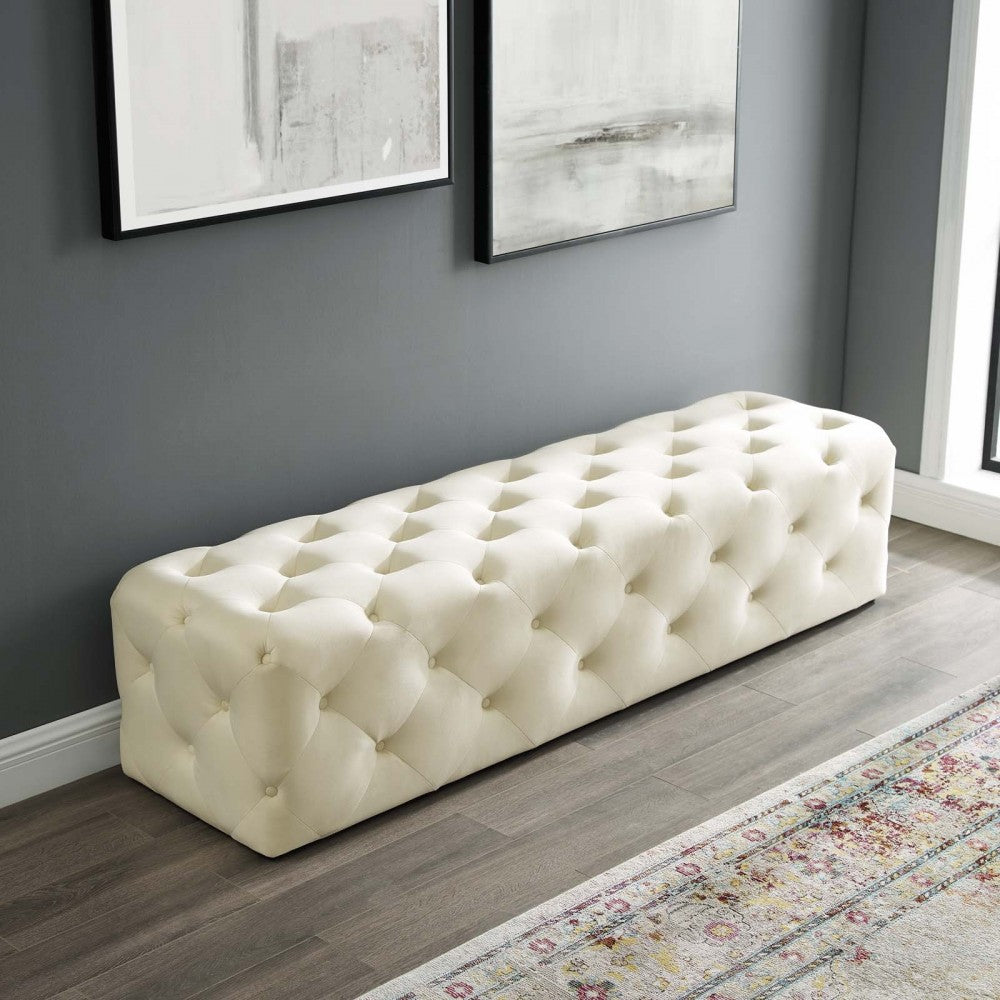 Amour 72" Tufted Button Entryway Performance Velvet Bench, Ivory