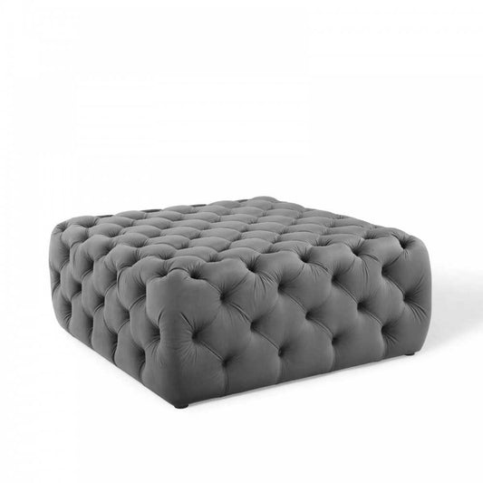 Amour Tufted Button Large Square Performance Velvet Ottoman, Gray