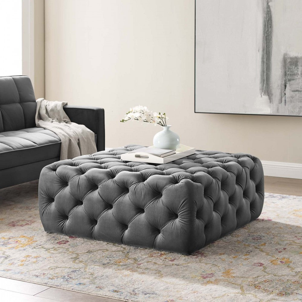 Amour Tufted Button Large Square Performance Velvet Ottoman, Gray