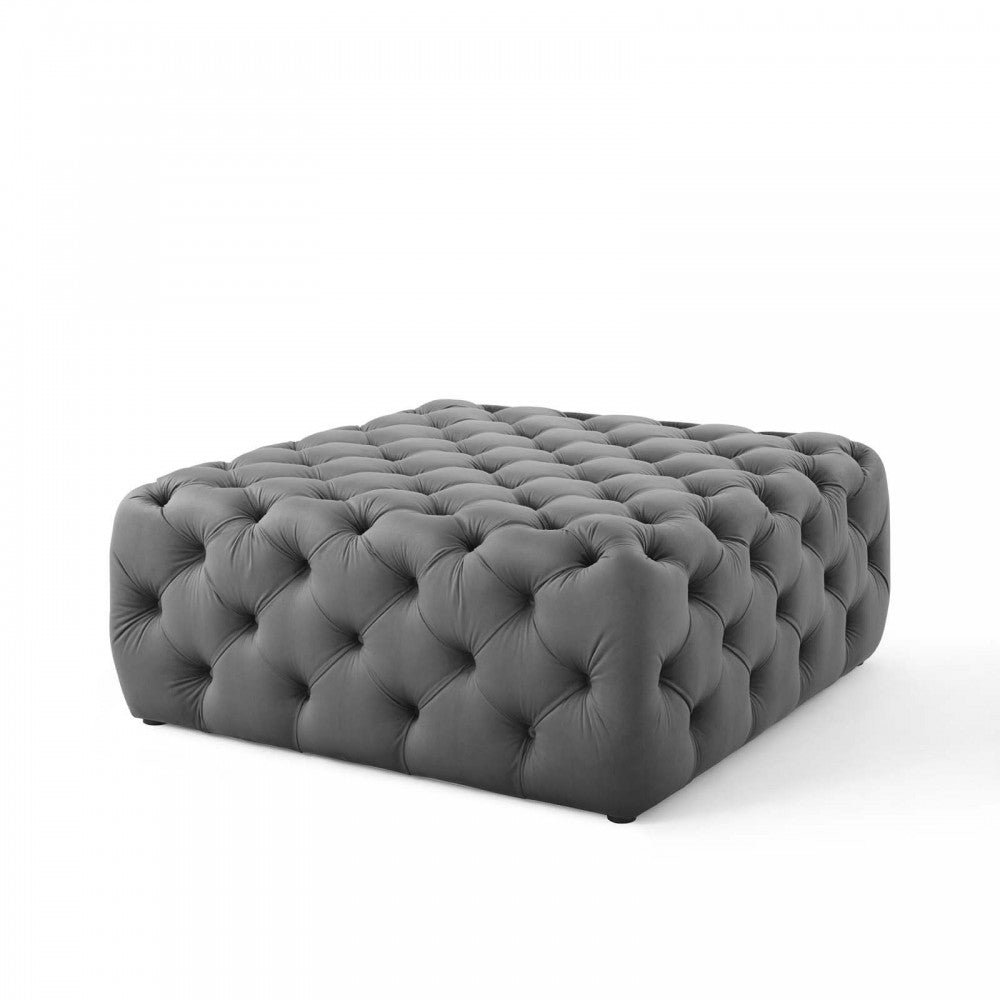Amour Tufted Button Large Square Performance Velvet Ottoman, Gray