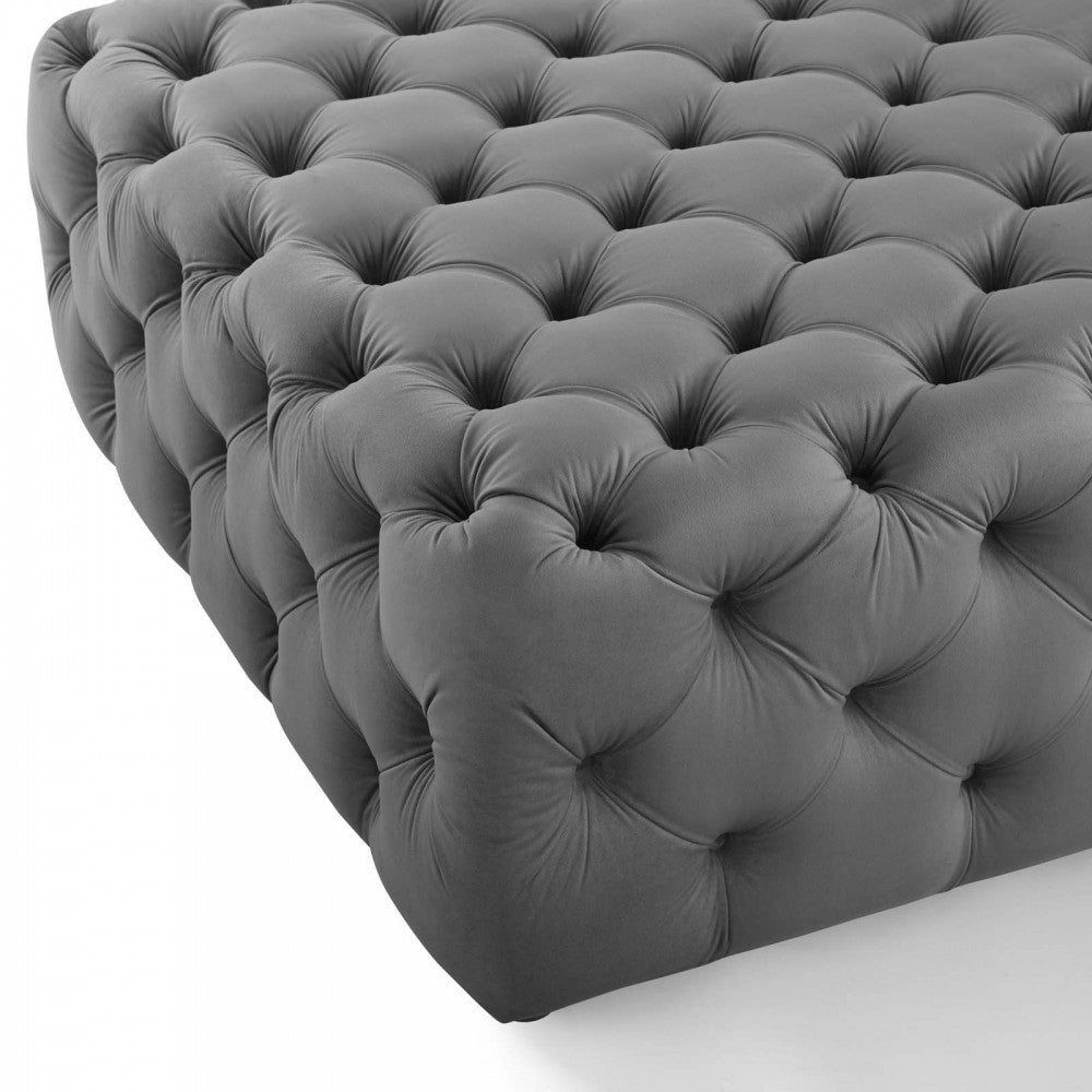 Amour Tufted Button Large Square Performance Velvet Ottoman, Gray