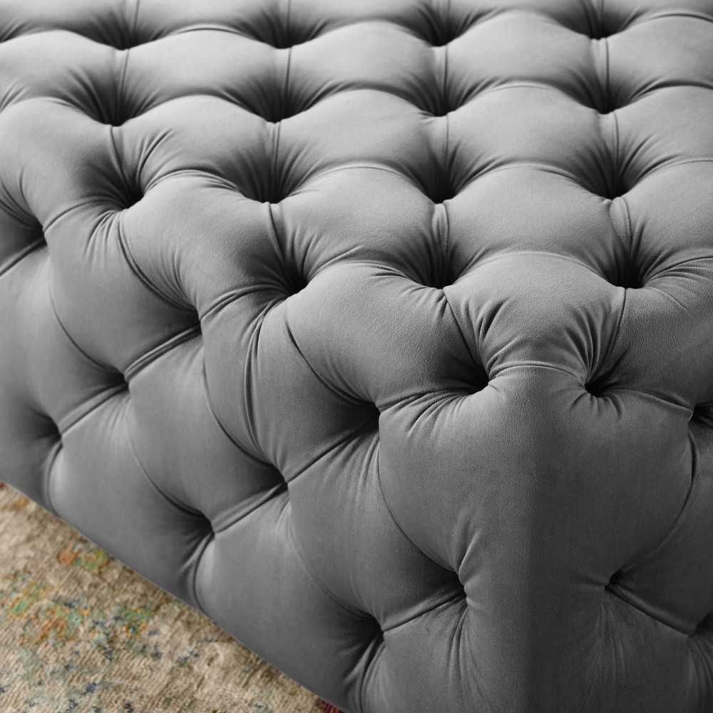 Amour Tufted Button Large Square Performance Velvet Ottoman, Gray