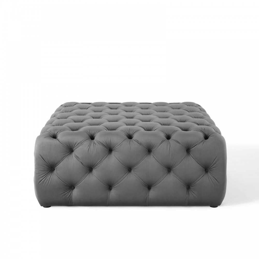 Amour Tufted Button Large Square Performance Velvet Ottoman, Gray